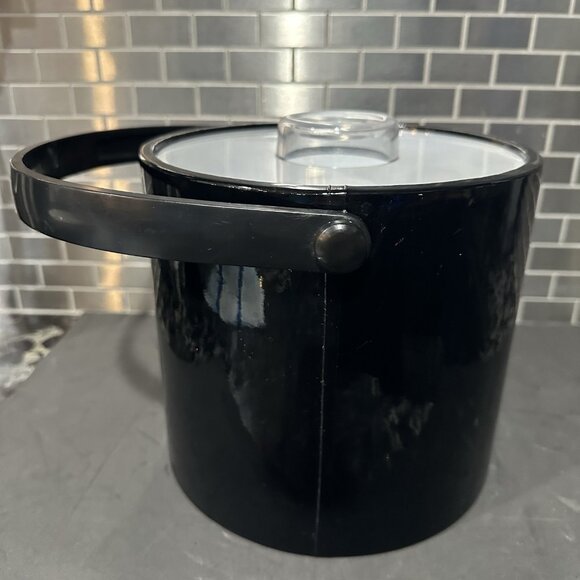 Vtg Mid Century MCM Ice Bucket Black Vinyl Clear Lucite Lid Barware Shelton Ware - Picture 4 of 14